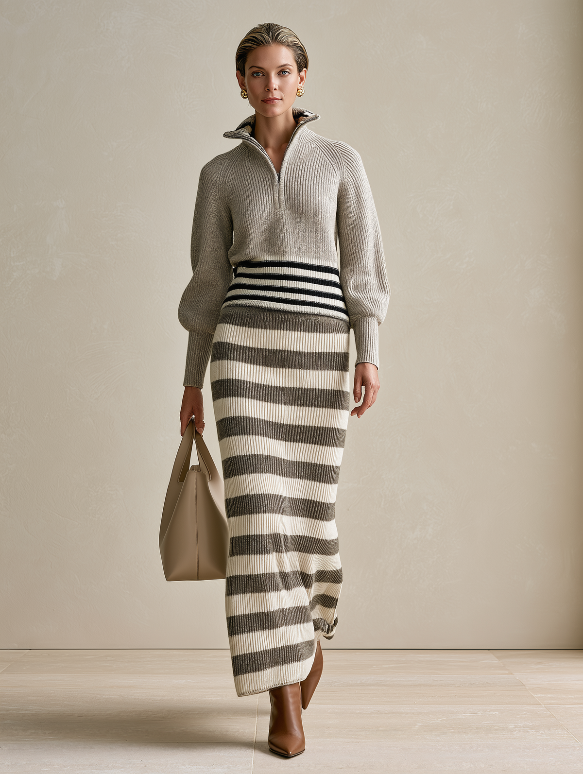Women's Quarter-Zip Knit Grey Skirt Set