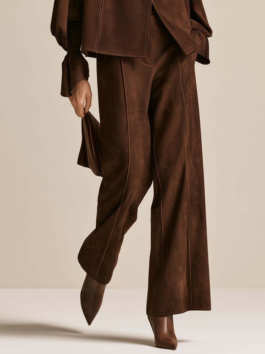 Women's Brown Wrap Top And Pants Set