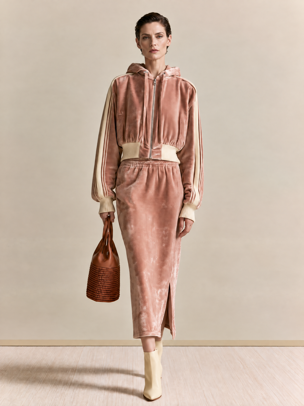Women's Velvet Zip Hoodie Pink Midi Skirt Set