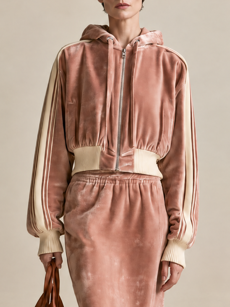 Women's Velvet Zip Hoodie Pink Midi Skirt Set