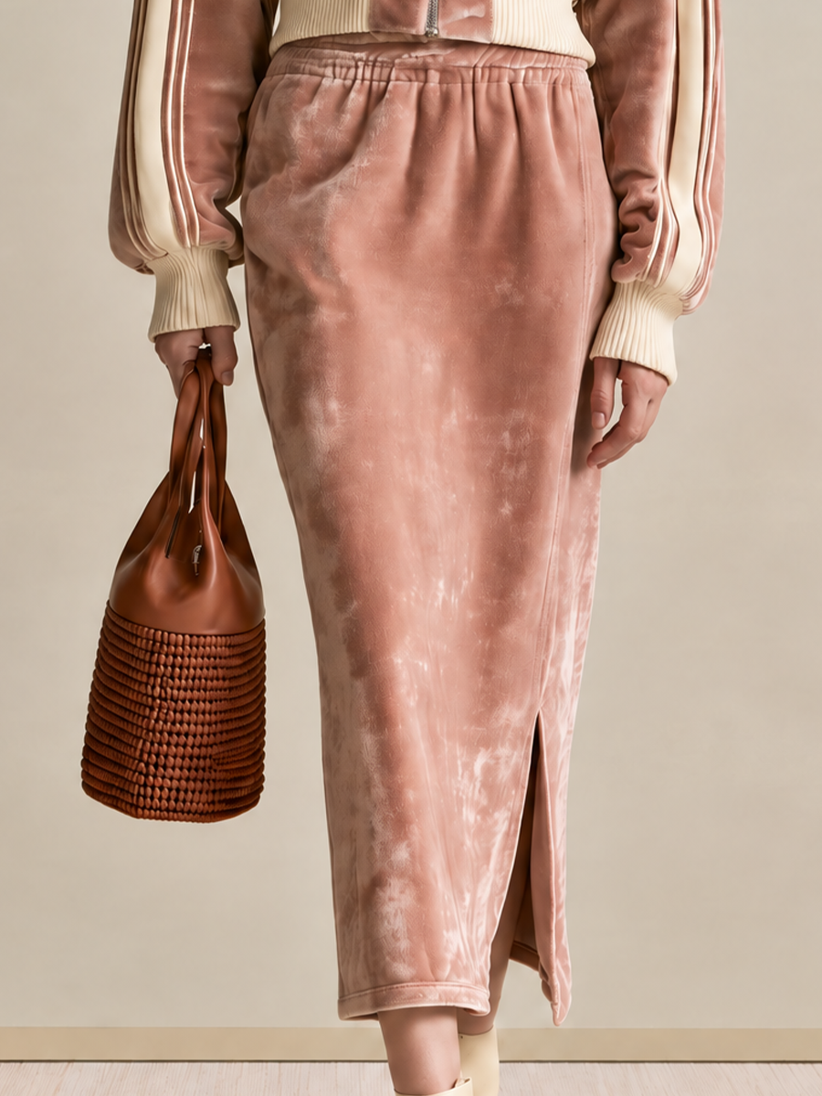 Women's Velvet Zip Hoodie Pink Midi Skirt Set