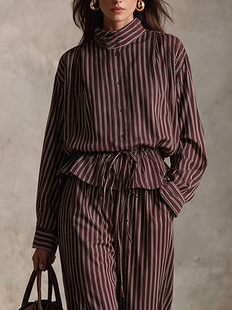 Women's Vintage Striped Shirt & Wide-Leg Pants Set