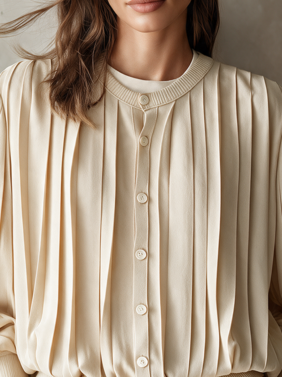 Women's Accordion-Pleated Single-Breasted Long-Sleeve Top