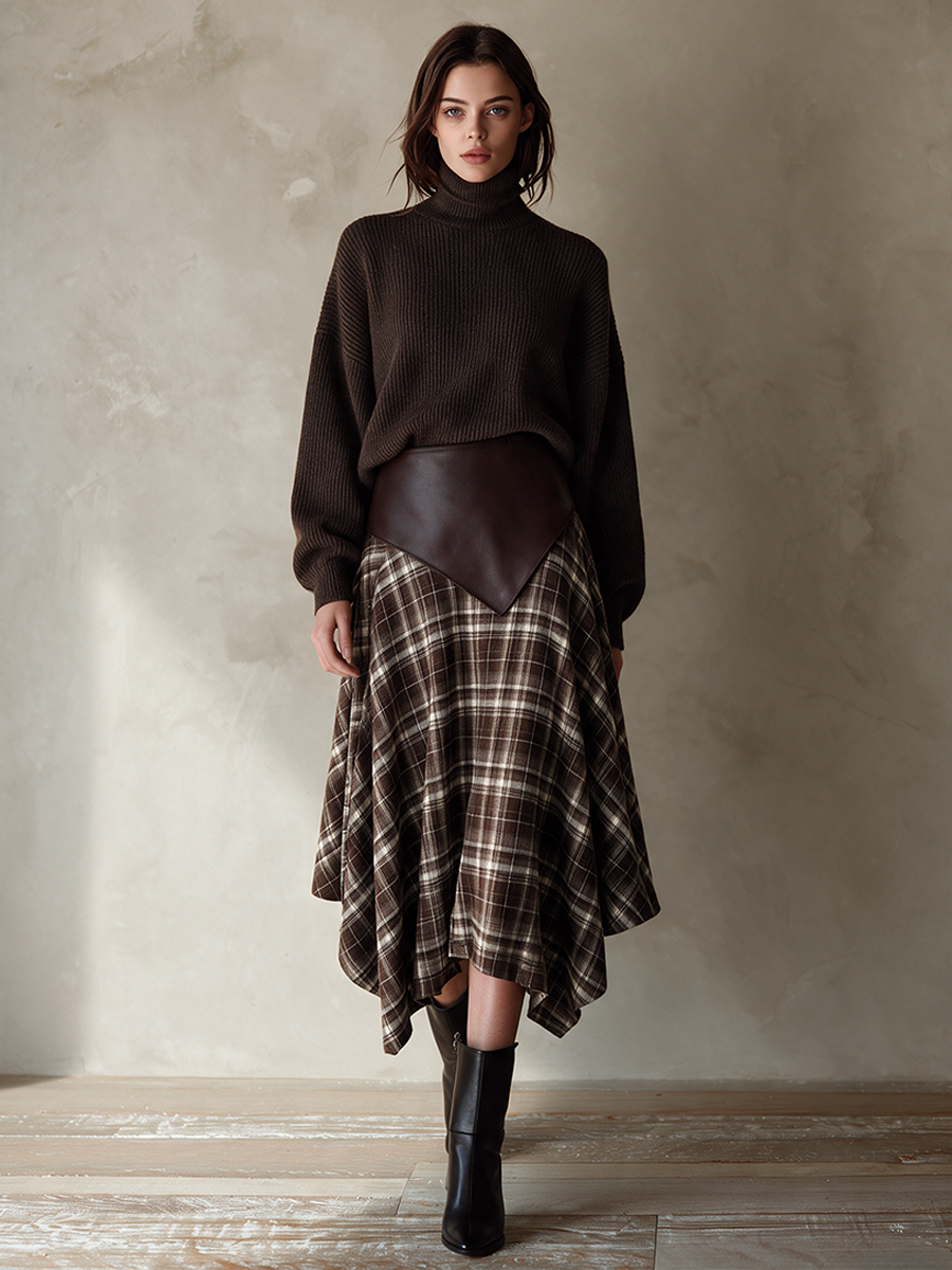 Ladies Turtleneck Woolen Top Plaid Irregular Skirt Suit
