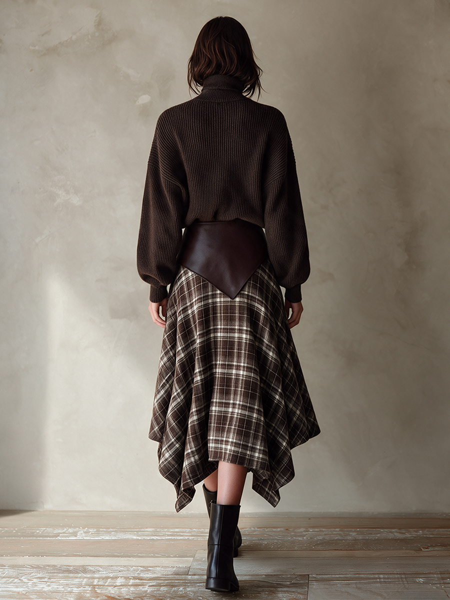 Ladies Turtleneck Woolen Top Plaid Irregular Skirt Suit
