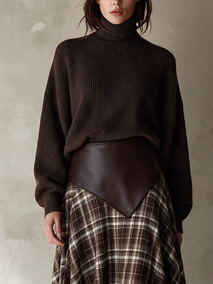 Ladies Turtleneck Woolen Top Plaid Irregular Skirt Suit