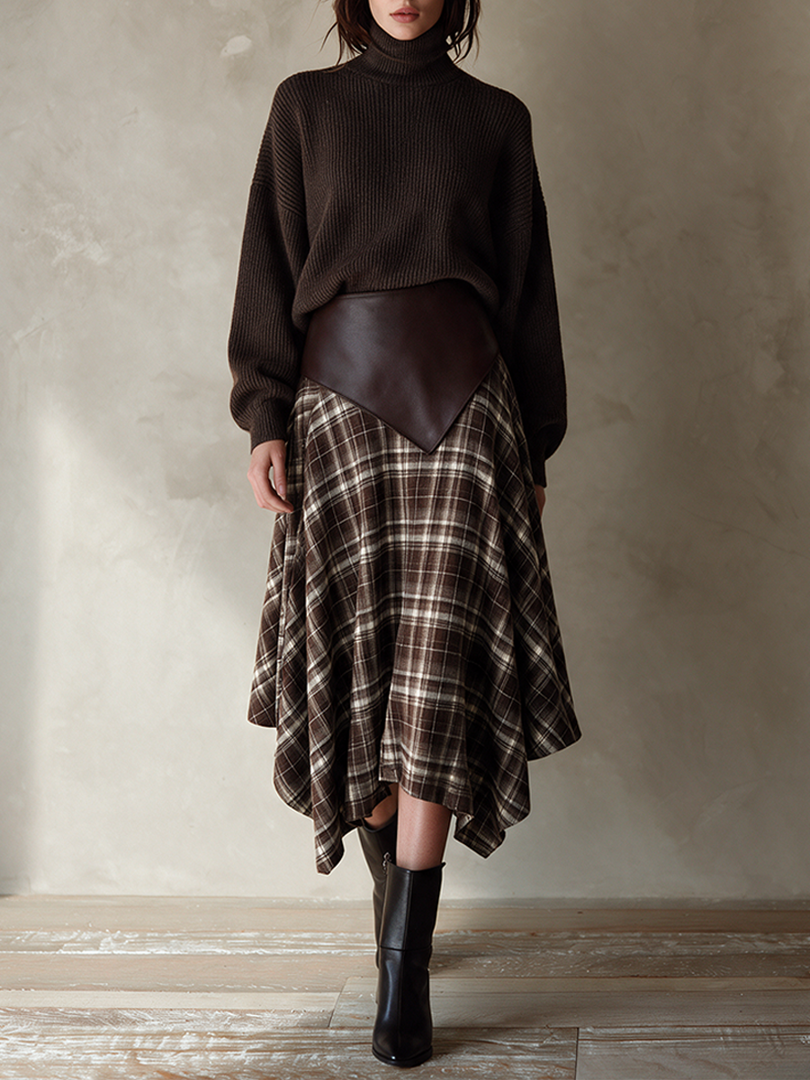 Ladies Turtleneck Woolen Top Plaid Irregular Skirt Suit