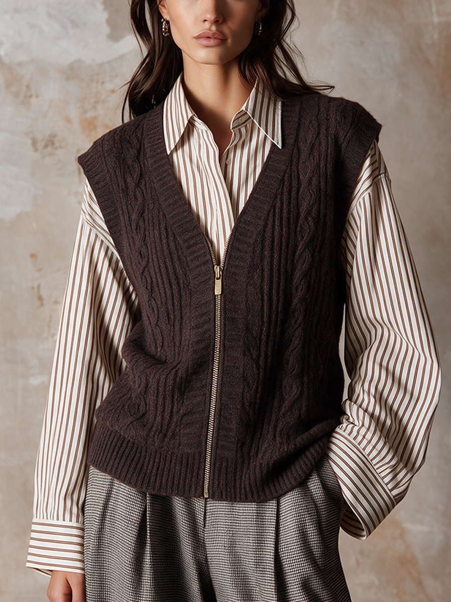 Women's V-Neck Zip-Front Cable-Knit Vest (Inner Layer Not Included)