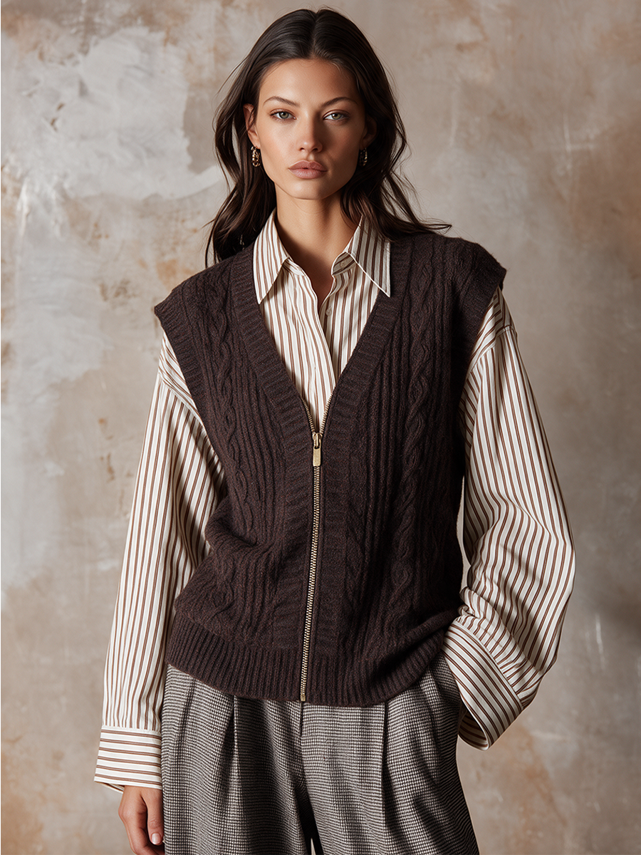 Women's V-Neck Zip-Front Cable-Knit Vest (Inner Layer Not Included)