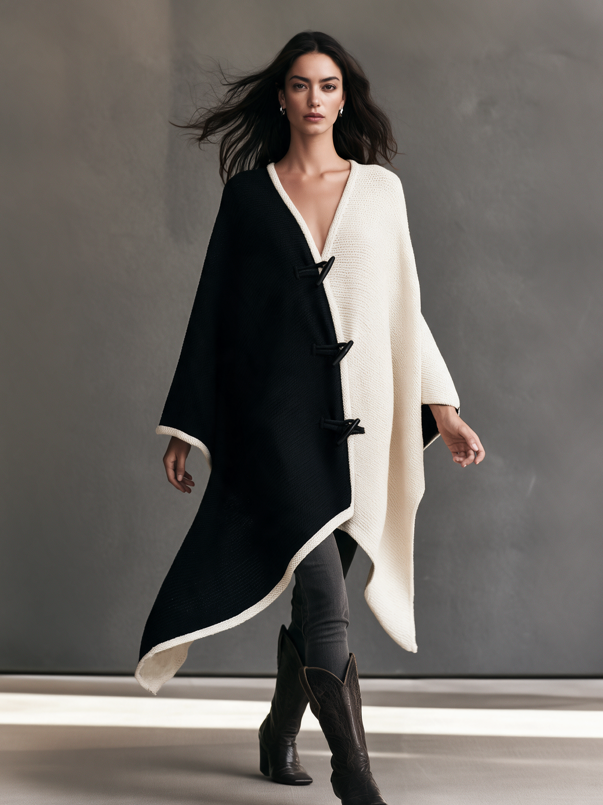 Women's Casual Black & White Color-Block Reversible Knit Long-Sleeve Cardigan