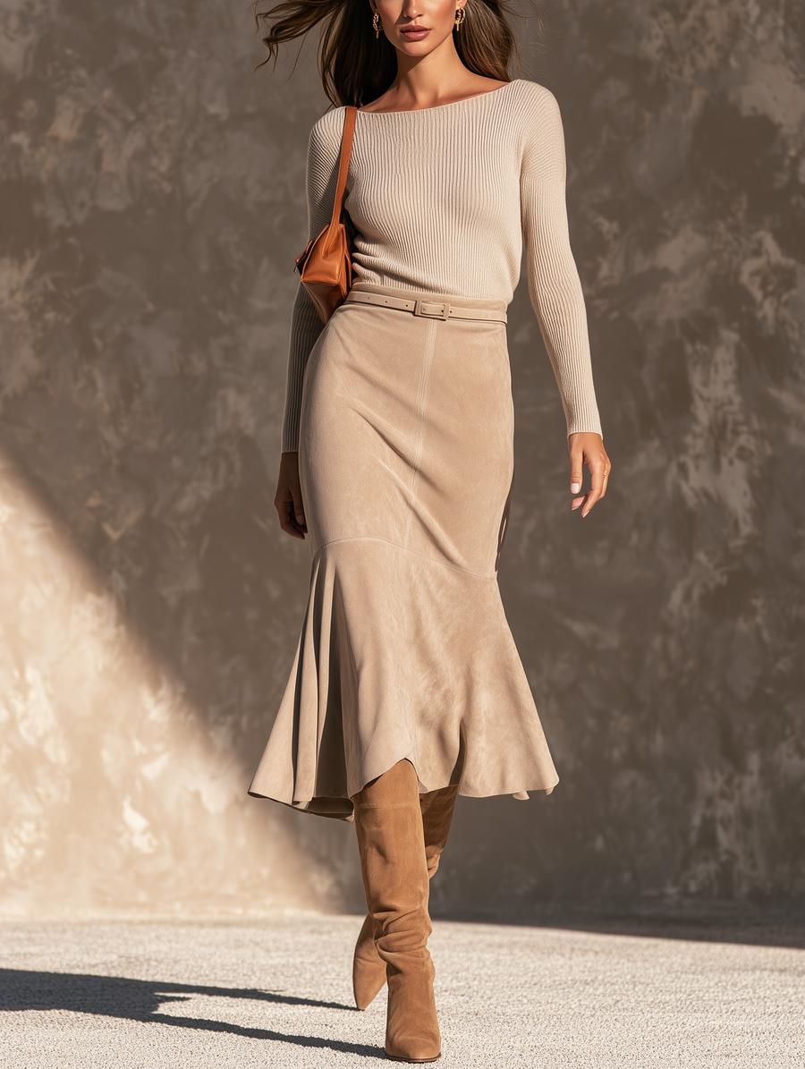 Women's Casual Beige Knit Top And Khaki Suede Skirt Set
