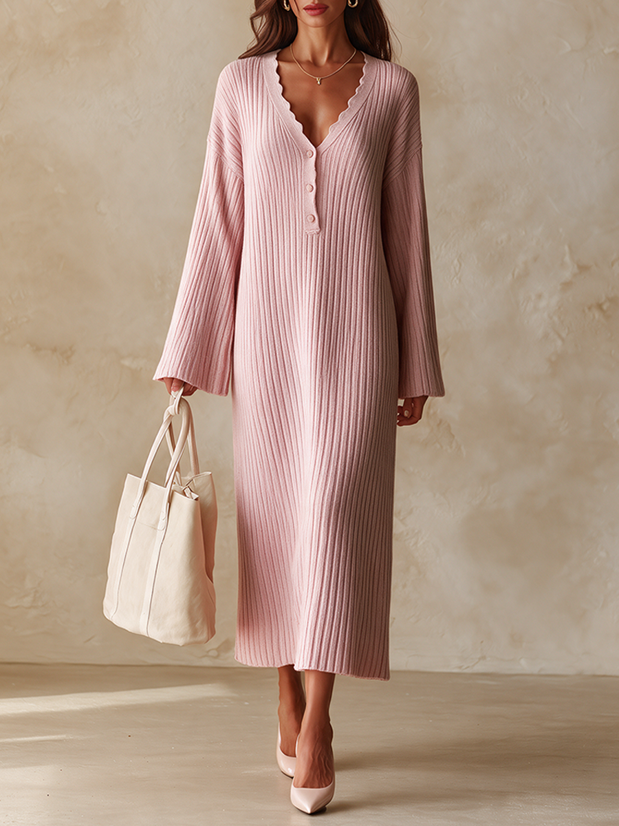 Women's Ribbed Knit Long-Sleeve V-Neck Dress
