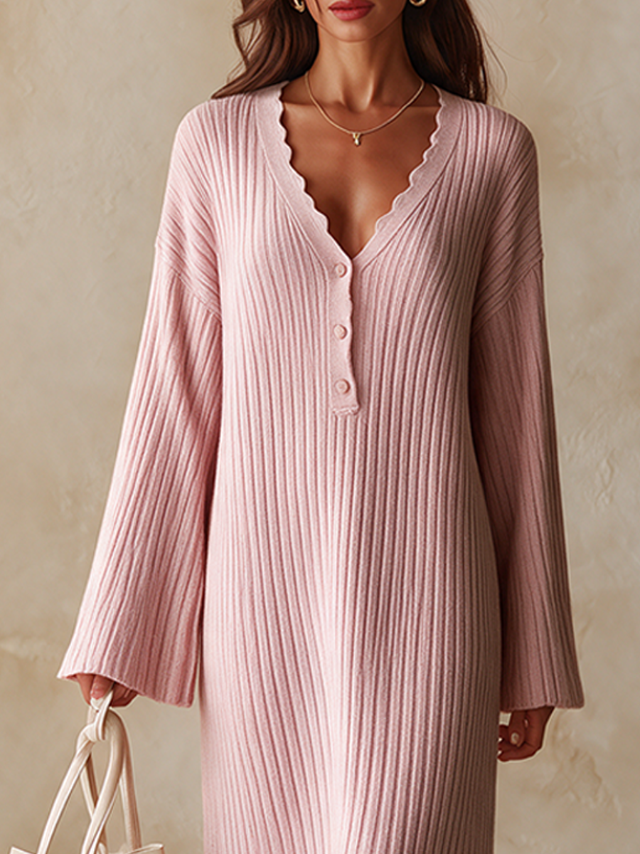Women's Ribbed Knit Long-Sleeve V-Neck Dress