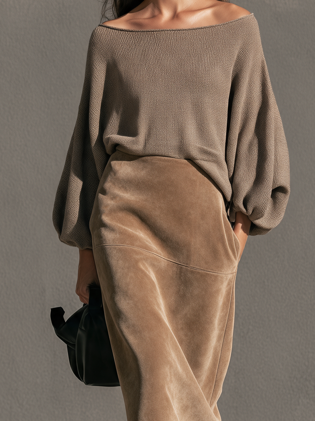 Women's Casual Two-piece Set Featuring A Brown Stretch-knit Long-sleeve Top And A Suede Skirt