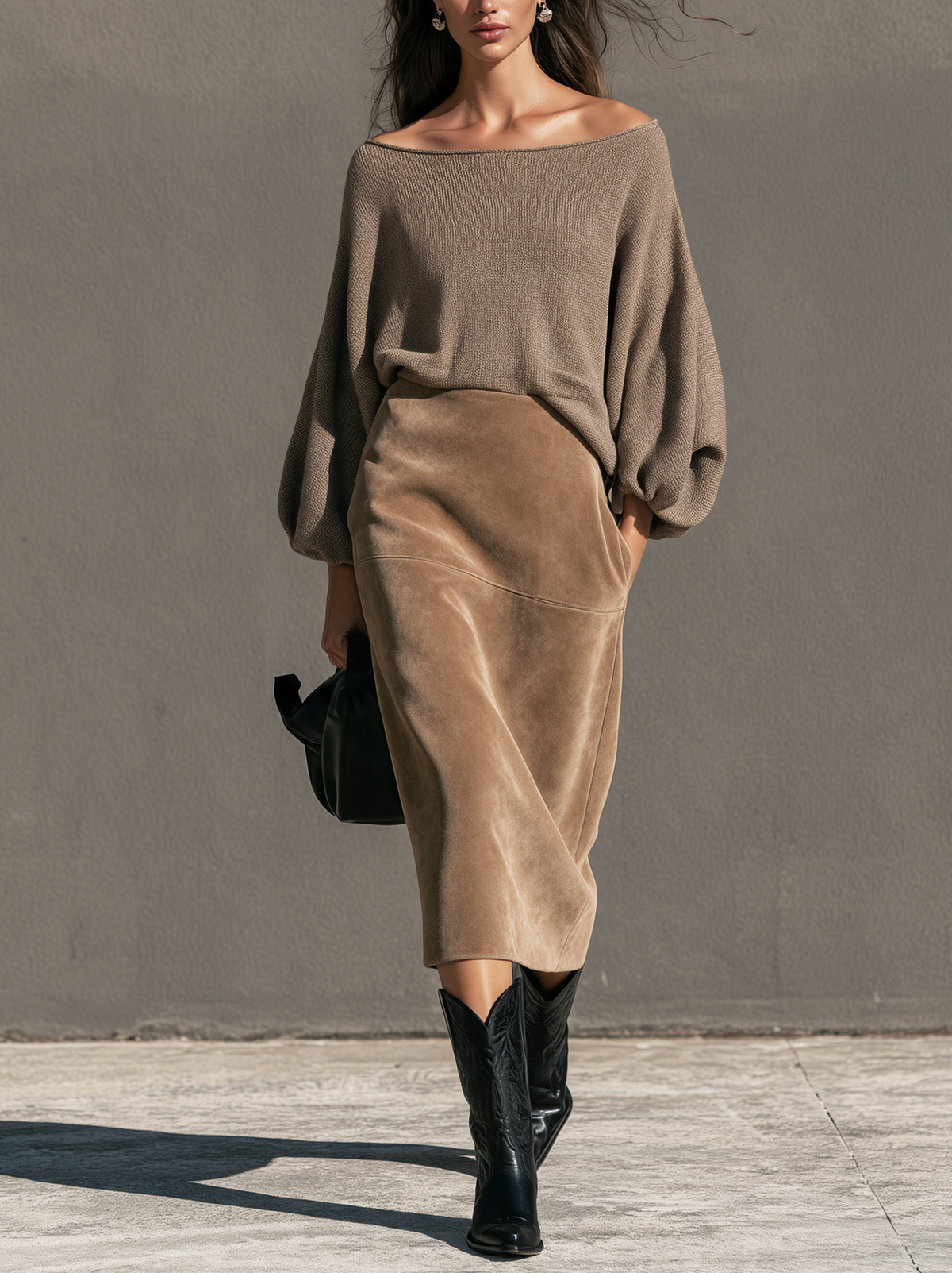 Women's Casual Two-piece Set Featuring A Brown Stretch-knit Long-sleeve Top And A Suede Skirt