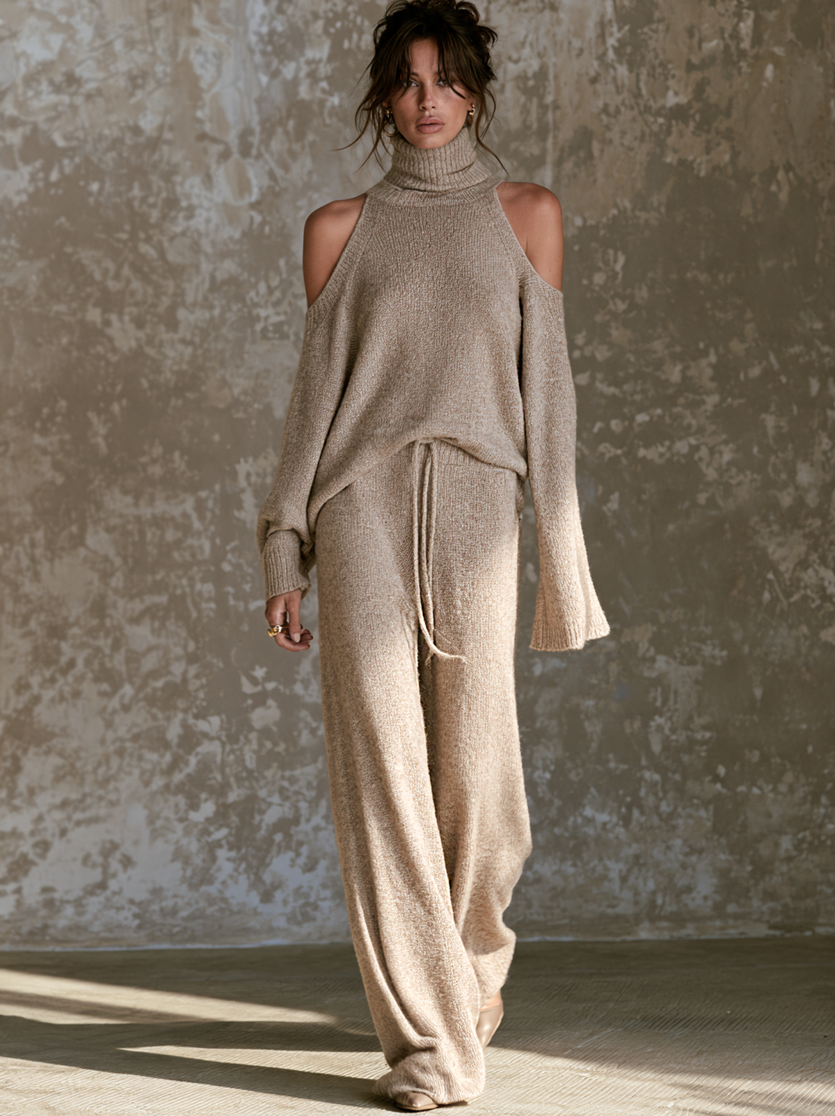 Women's Off-Shoulder Turtleneck Knit Top And Straight-Leg Pants Set