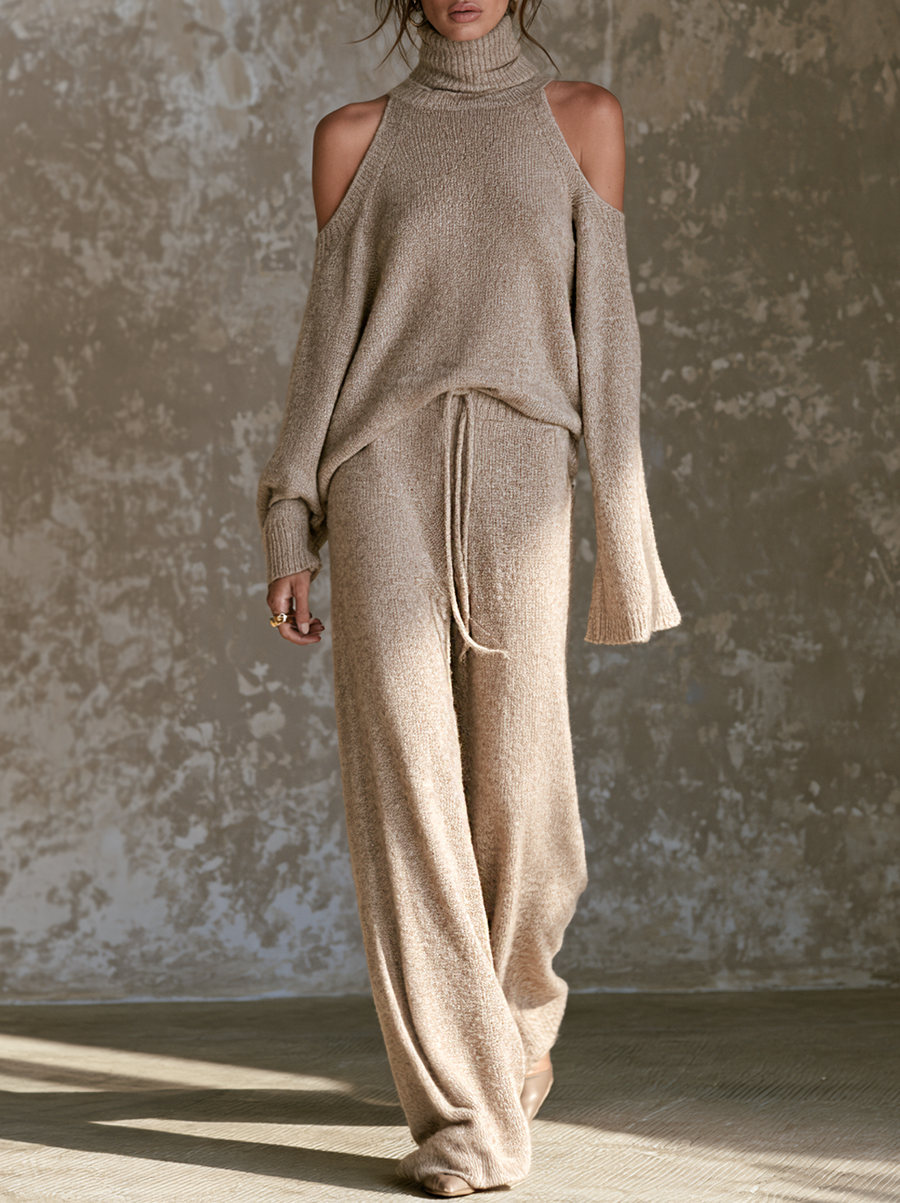 Women's Off-Shoulder Turtleneck Knit Top And Straight-Leg Pants Set