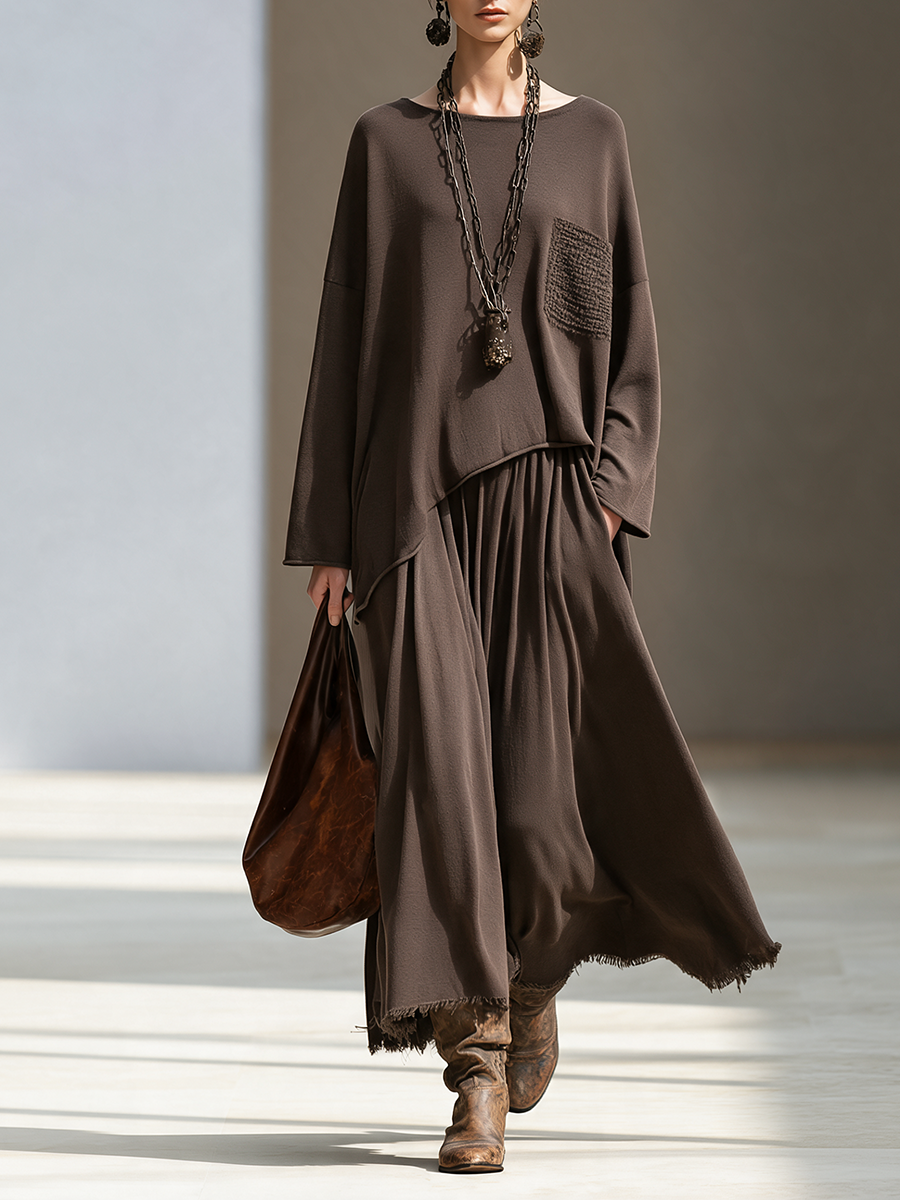 Women's Drop-Shoulder Irregular-Hem Top & Raw-Edge Maxi Skirt Set