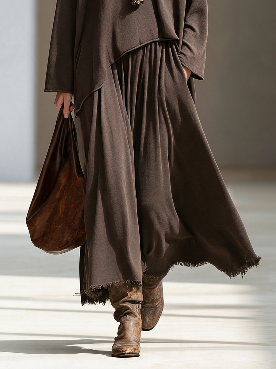 Women's Drop-Shoulder Irregular-Hem Top & Raw-Edge Maxi Skirt Set