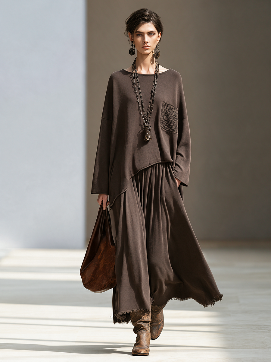 Women's Drop-Shoulder Irregular-Hem Top & Raw-Edge Maxi Skirt Set