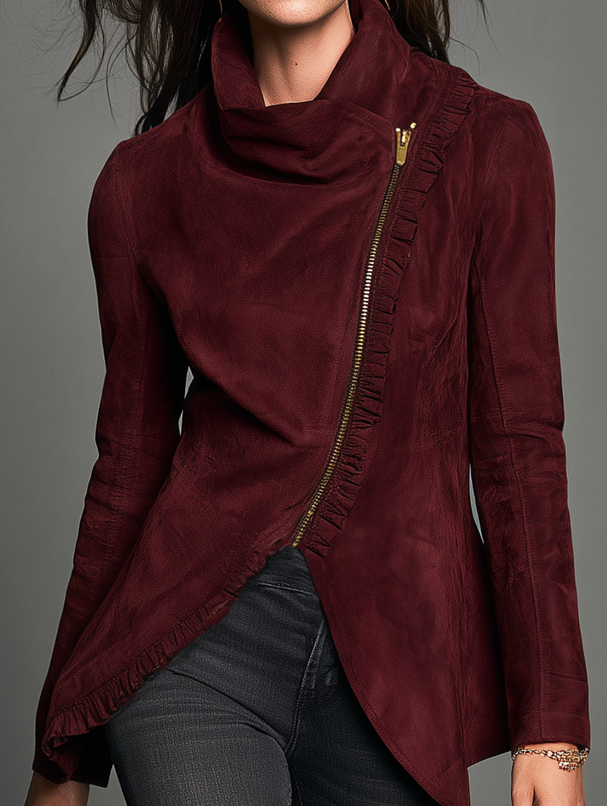 Women's Casual Long-sleeve Deep Burgundy Suede Jacket