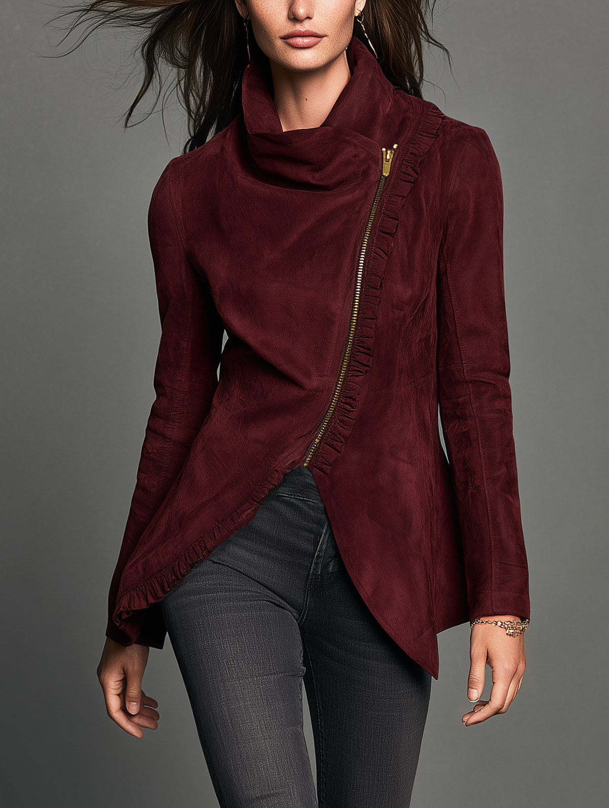 Women's Casual Long-sleeve Deep Burgundy Suede Jacket