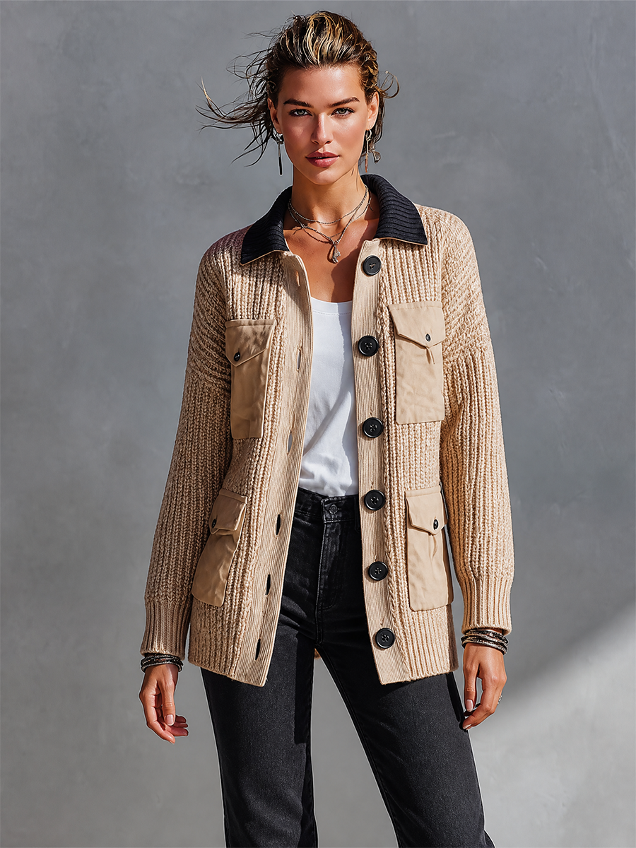 Women's Chunky Cable Knit Cardigan Jacket with Contrast Collar and Utility Pockets