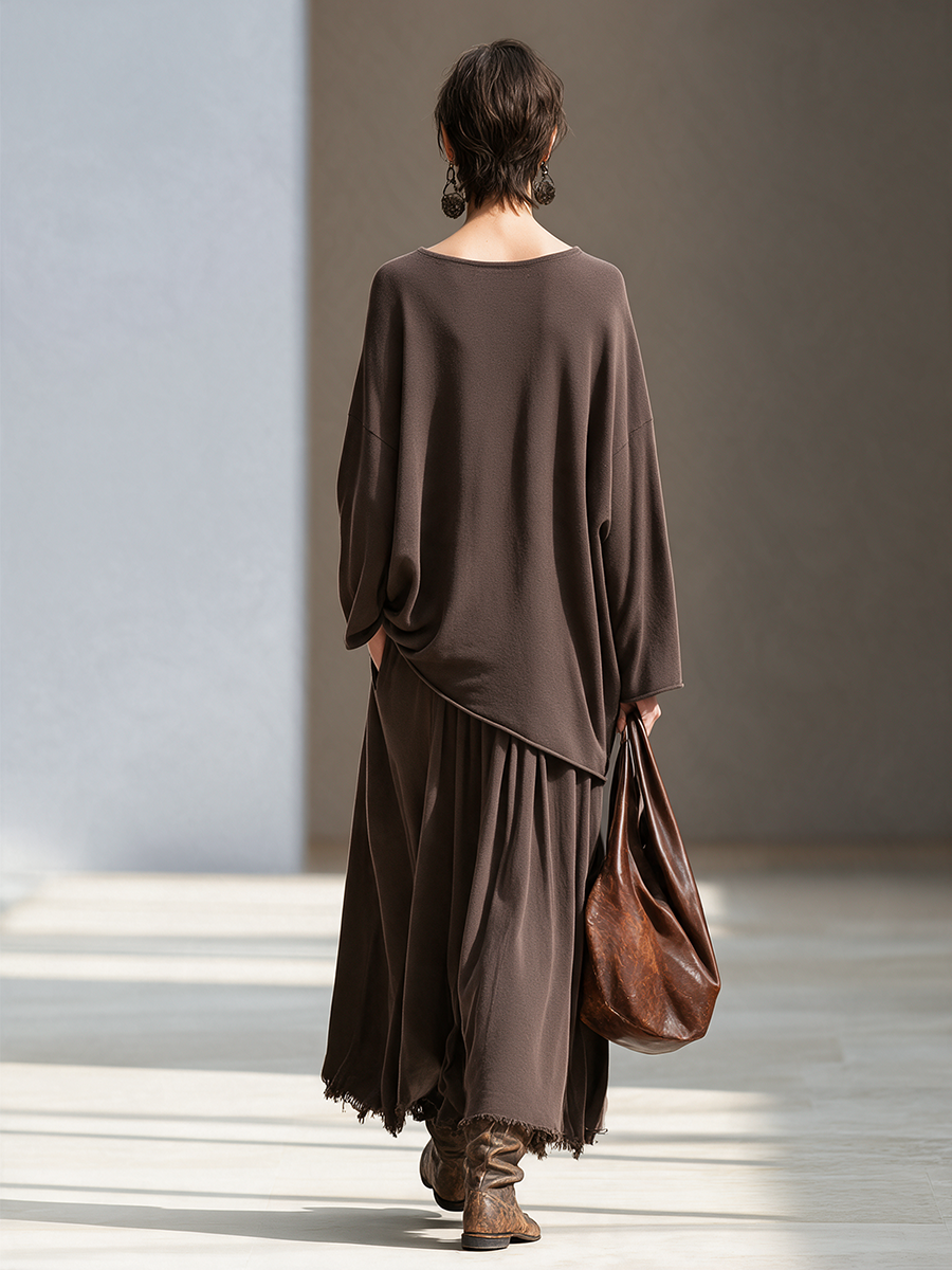 Women's Drop-Shoulder Irregular-Hem Top & Raw-Edge Maxi Skirt Set