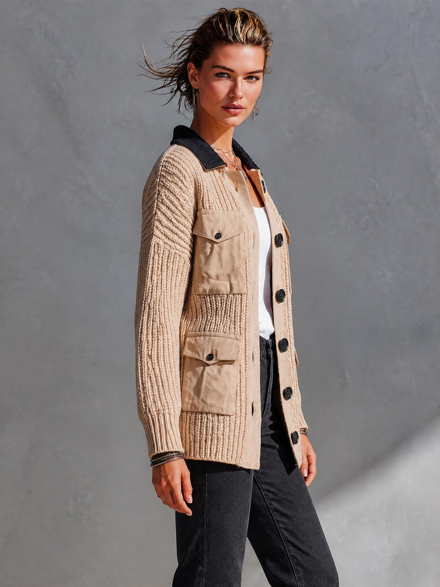Women's Chunky Cable Knit Cardigan Jacket with Contrast Collar and Utility Pockets