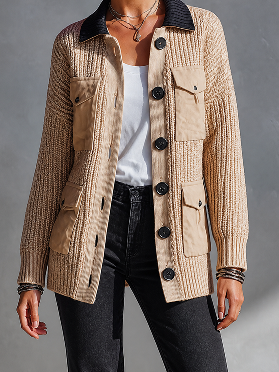 Women's Chunky Cable Knit Cardigan Jacket with Contrast Collar and Utility Pockets