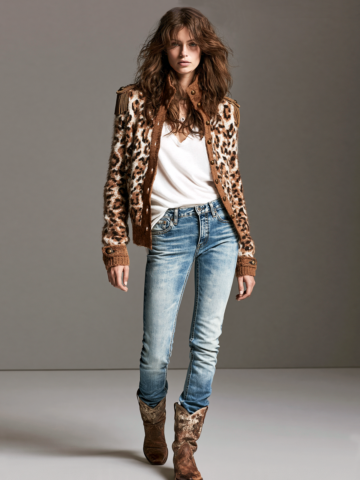 Women's Vintage Leopard Jacquard Cardigan With Tasseled Epaulets