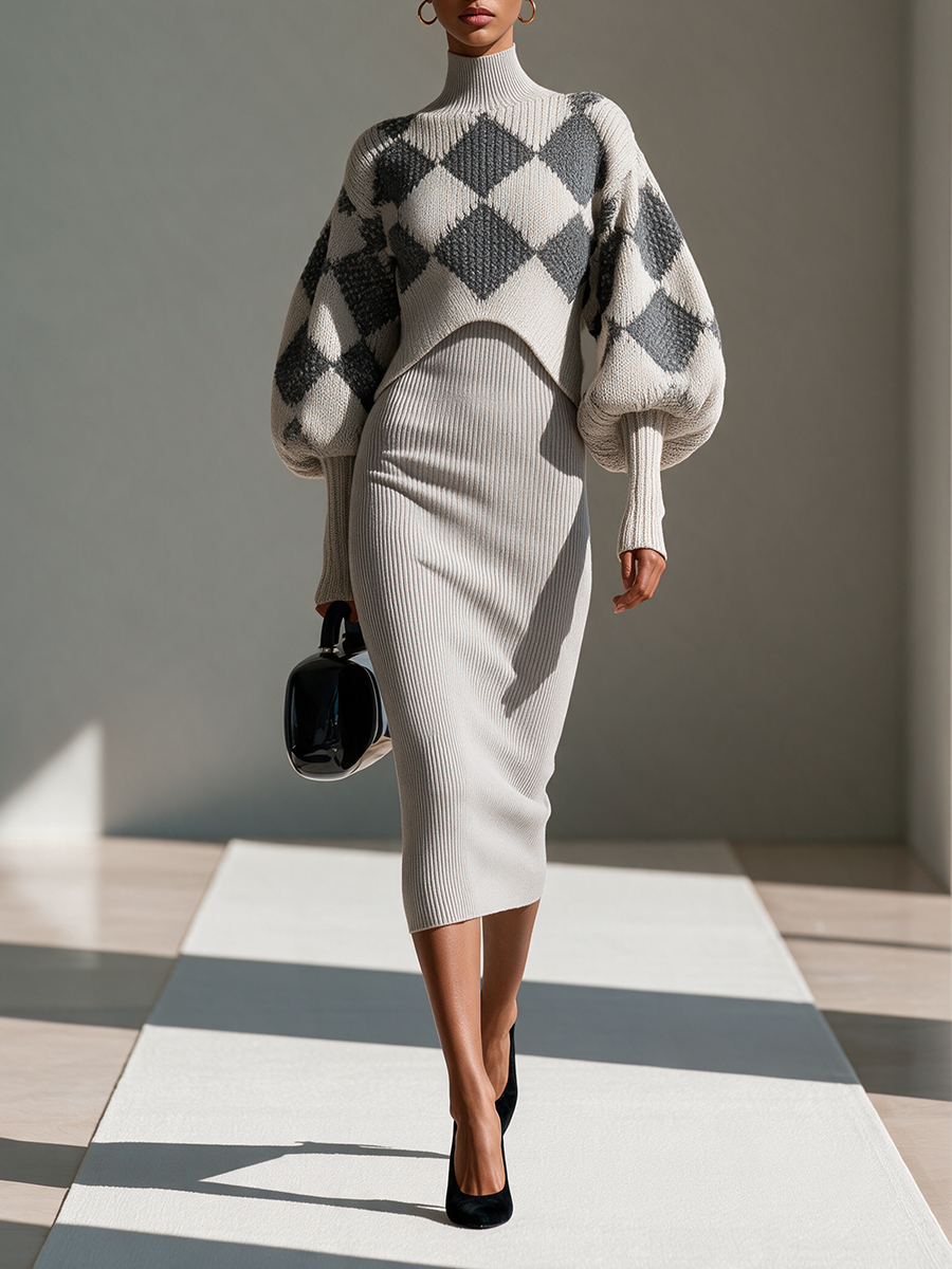 Women's Argyle Jacquard Puff‑Sleeve Cropped Knit Shrug & Sleeveless Cami Rib‑Knit Midi Dress Set