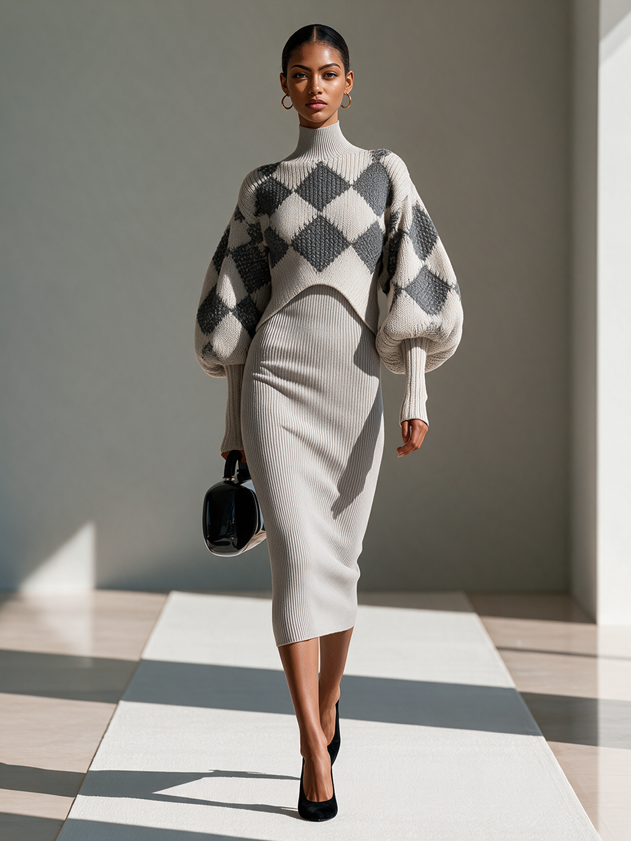 Women's Argyle Jacquard Puff‑Sleeve Cropped Knit Shrug & Sleeveless Cami Rib‑Knit Midi Dress Set