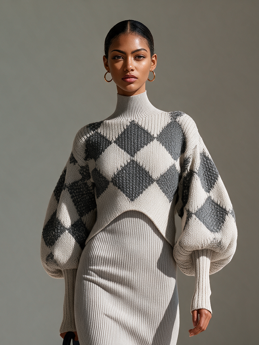 Women's Argyle Jacquard Puff‑Sleeve Cropped Knit Shrug & Sleeveless Cami Rib‑Knit Midi Dress Set