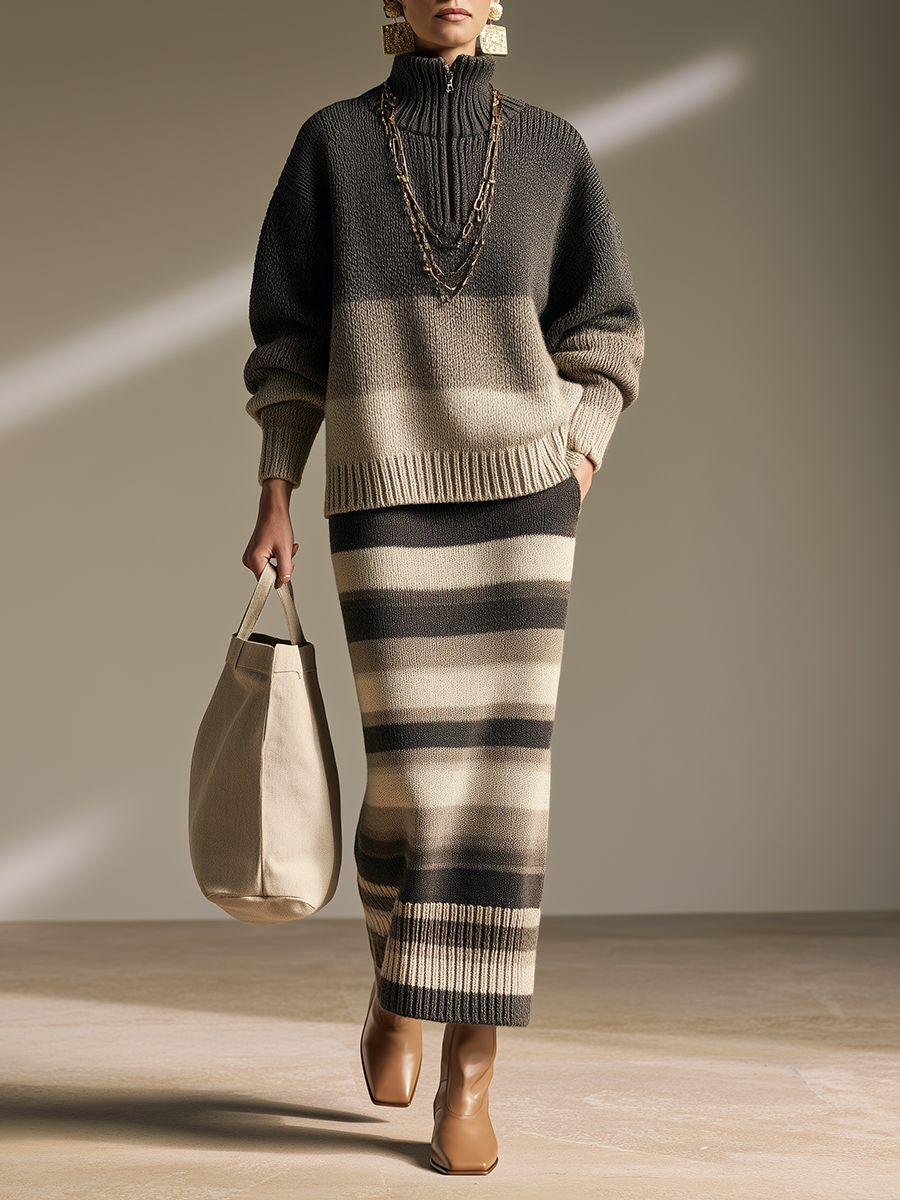 Women's Half‑Zip Turtleneck Gradient Stripe Oversized Sweater & Knit Maxi Skirt Set