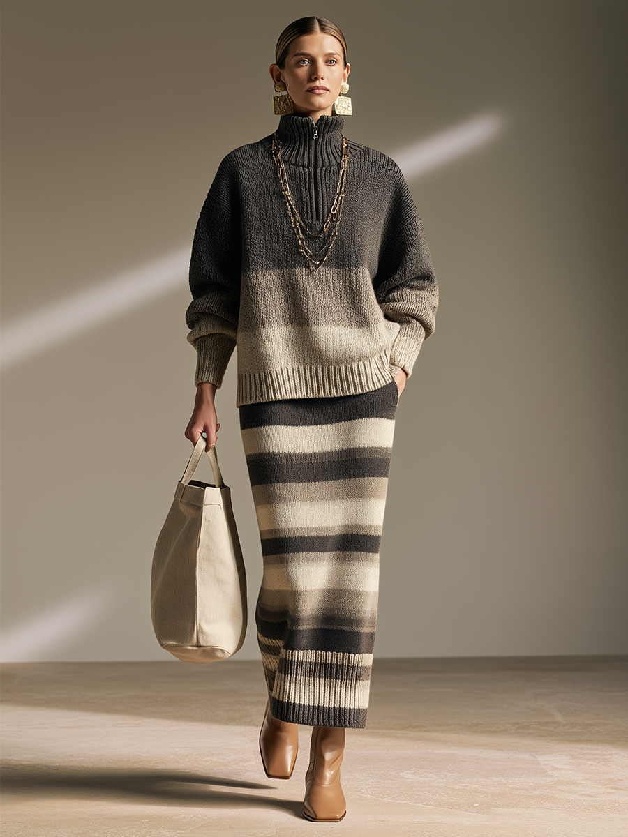 Women's Half‑Zip Turtleneck Gradient Stripe Oversized Sweater & Knit Maxi Skirt Set
