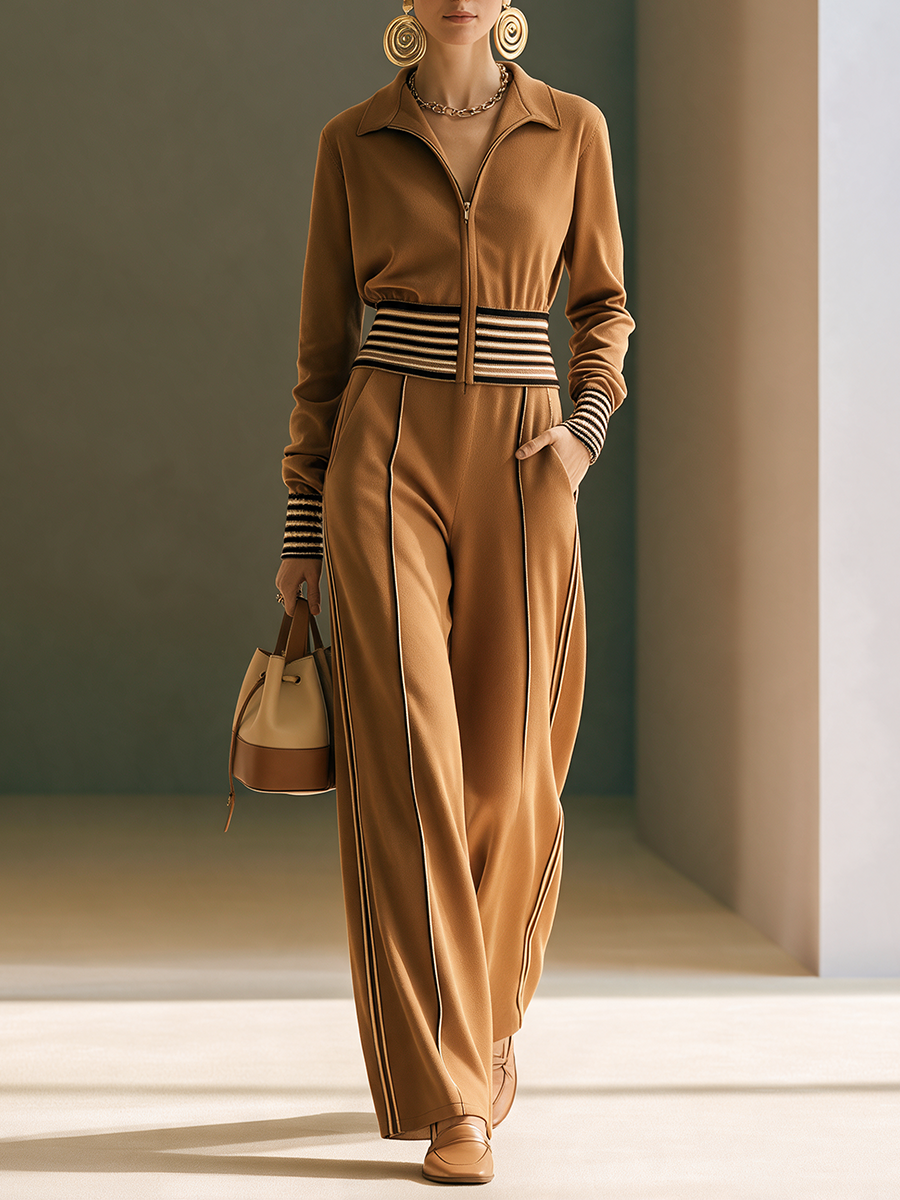 Women's Lapel Zip Contrast-Rib Waistband Top & Side-Stripe Wide-Leg Trouser Set