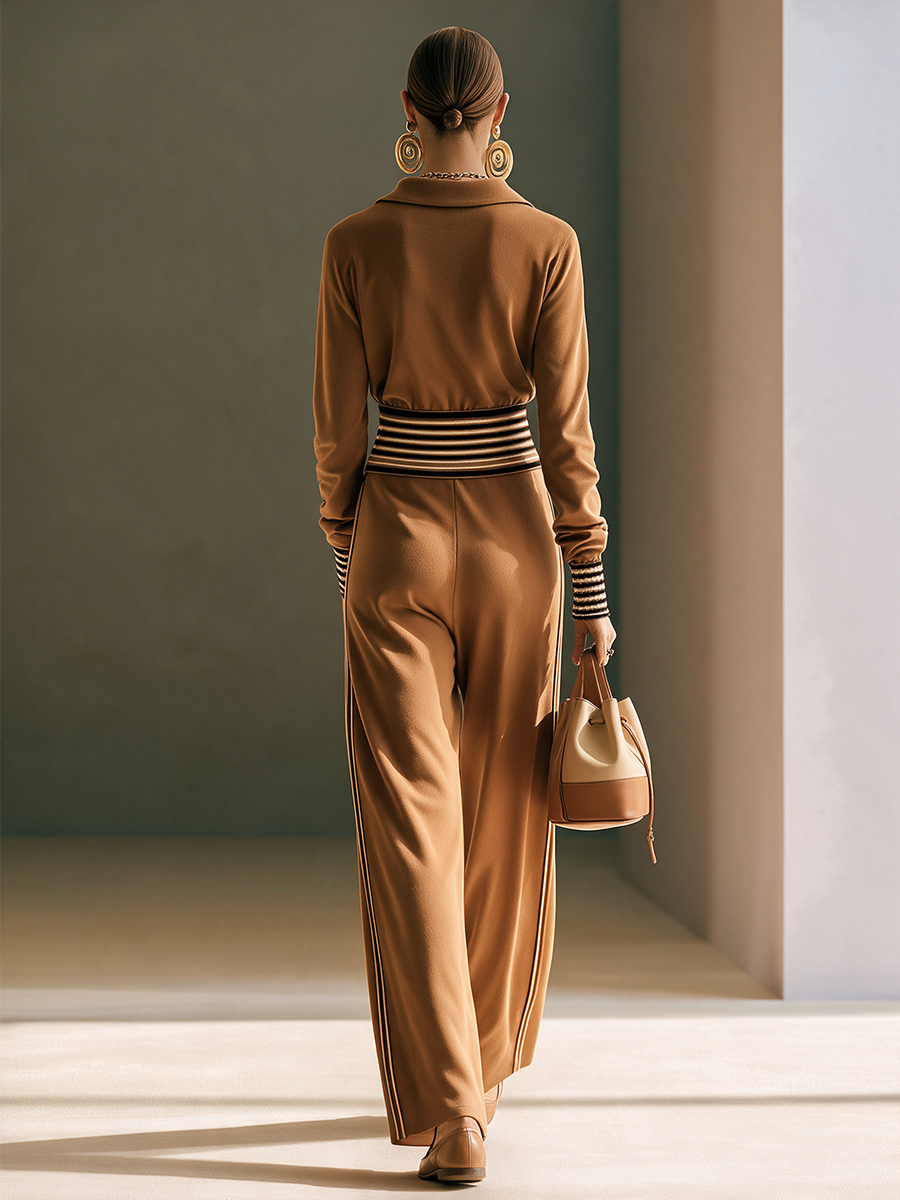 Women's Lapel Zip Contrast-Rib Waistband Top & Side-Stripe Wide-Leg Trouser Set