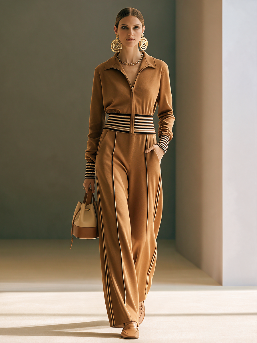 Women's Lapel Zip Contrast-Rib Waistband Top & Side-Stripe Wide-Leg Trouser Set