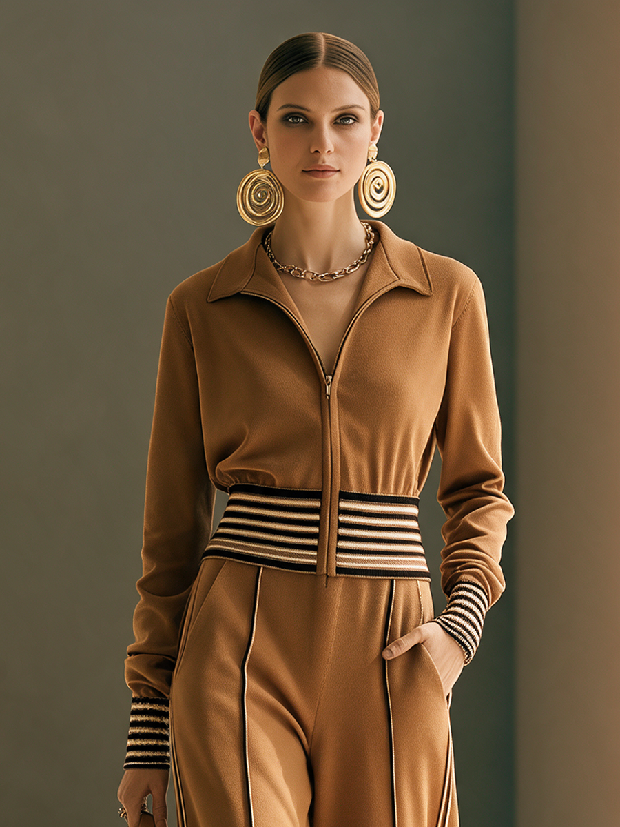 Women's Lapel Zip Contrast-Rib Waistband Top & Side-Stripe Wide-Leg Trouser Set