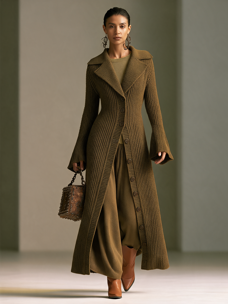 Women's Large Knit Lapel Vertical‑Rib Waist‑Fitted Flare‑Sleeve Long Knit Coat