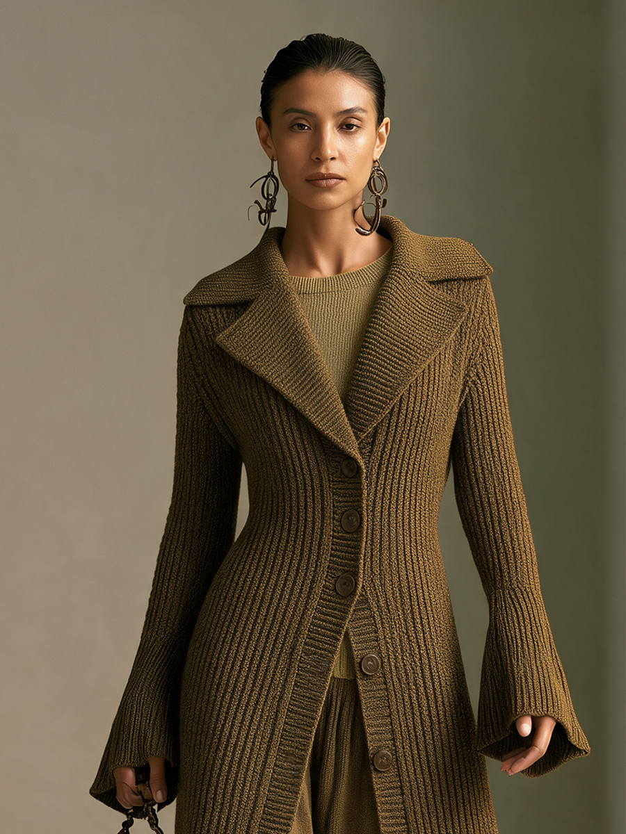 Women's Large Knit Lapel Vertical‑Rib Waist‑Fitted Flare‑Sleeve Long Knit Coat