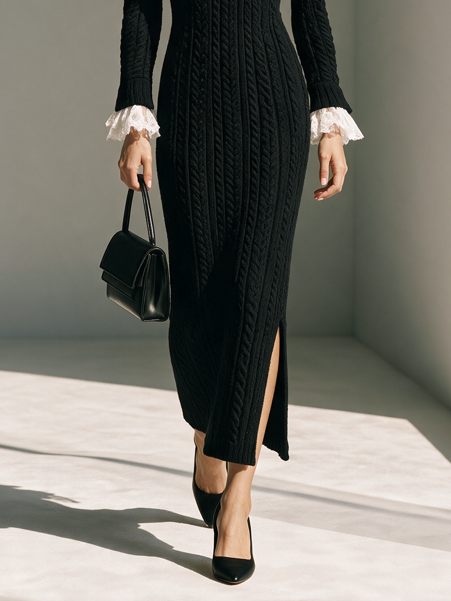 Women's Mock‑Neck Cable‑Knit  With Lace Cuffs & Side Slit Maxi Dress