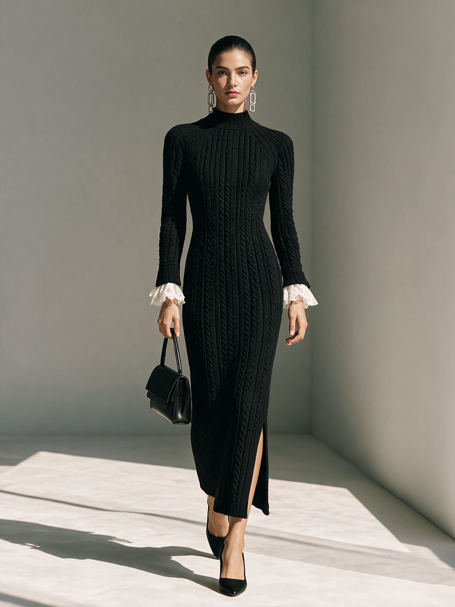 Women's Mock‑Neck Cable‑Knit  With Lace Cuffs & Side Slit Maxi Dress