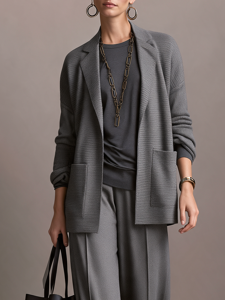 Women's Peak-Lapel Drop-Shoulder Patch-Pocket Open-Front Wool-Knit Cardigan