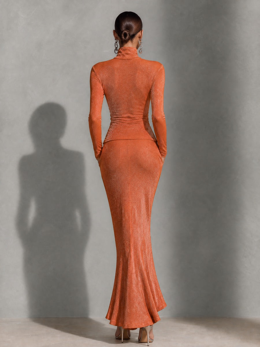 Women's Metallic Shimmer Cutout Mock Neck Crop Top & Maxi Skirt Set