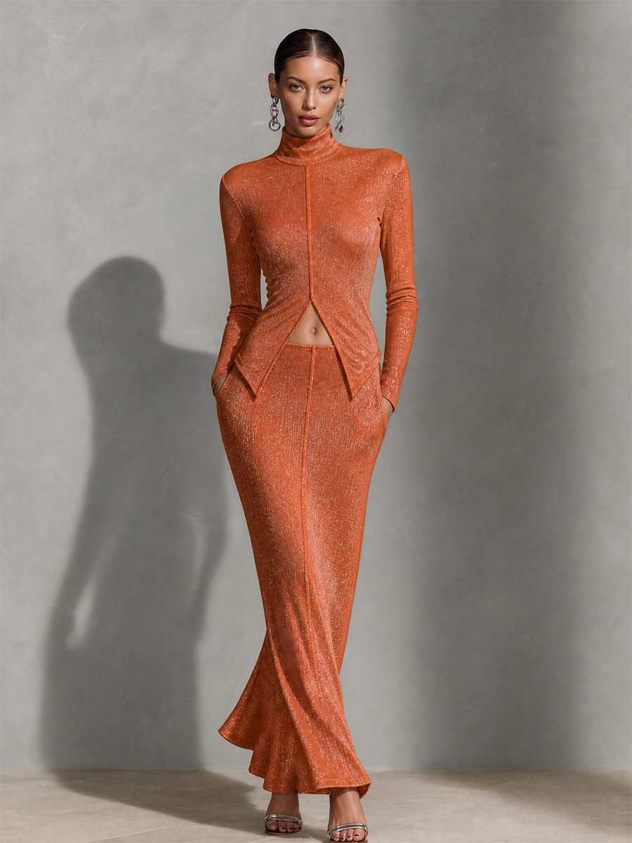 Women's Metallic Shimmer Cutout Mock Neck Crop Top & Maxi Skirt Set