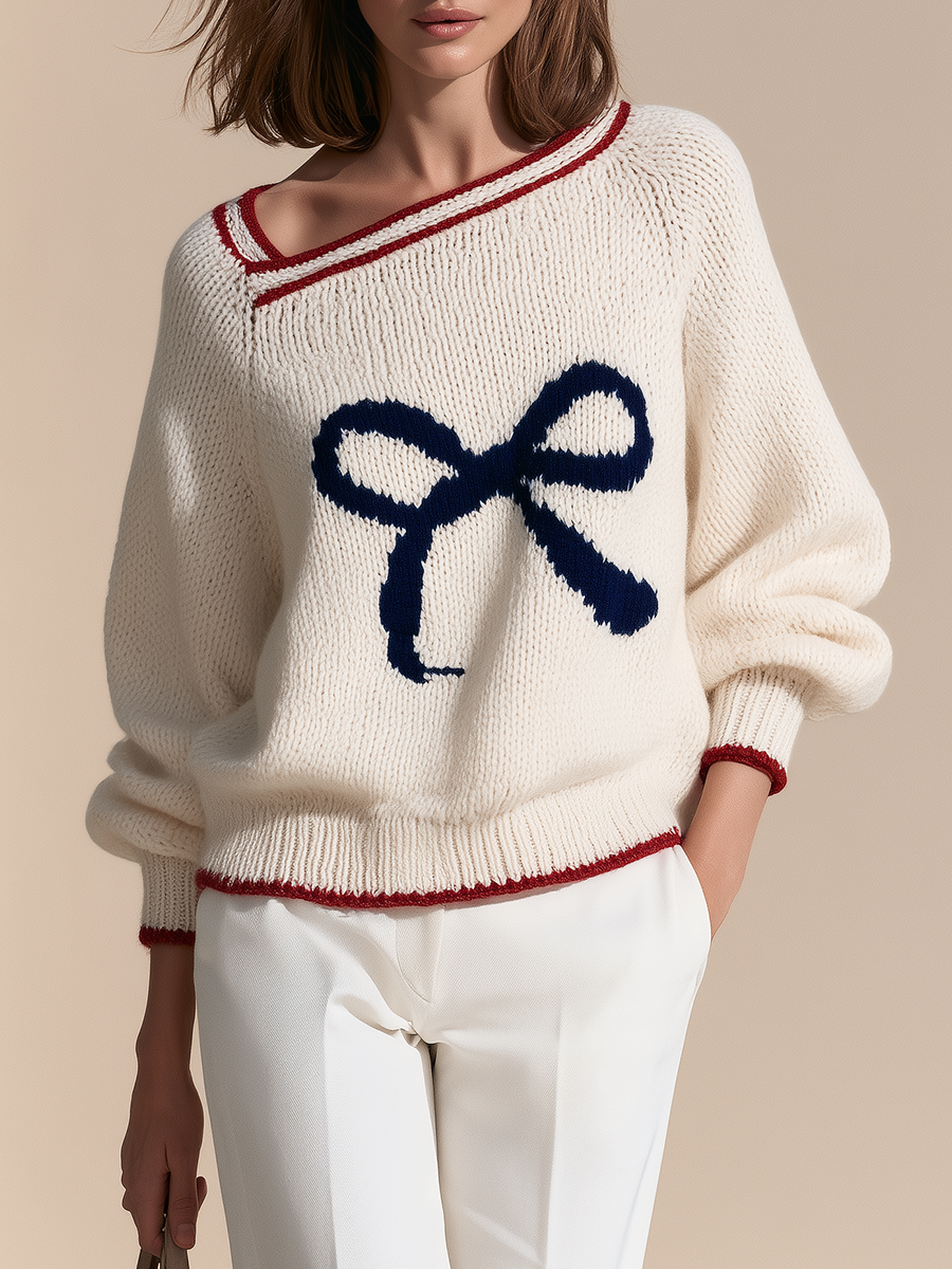 Women's Chunky Knit V-Neck Sweater with Bow Intarsia and Contrast Trim