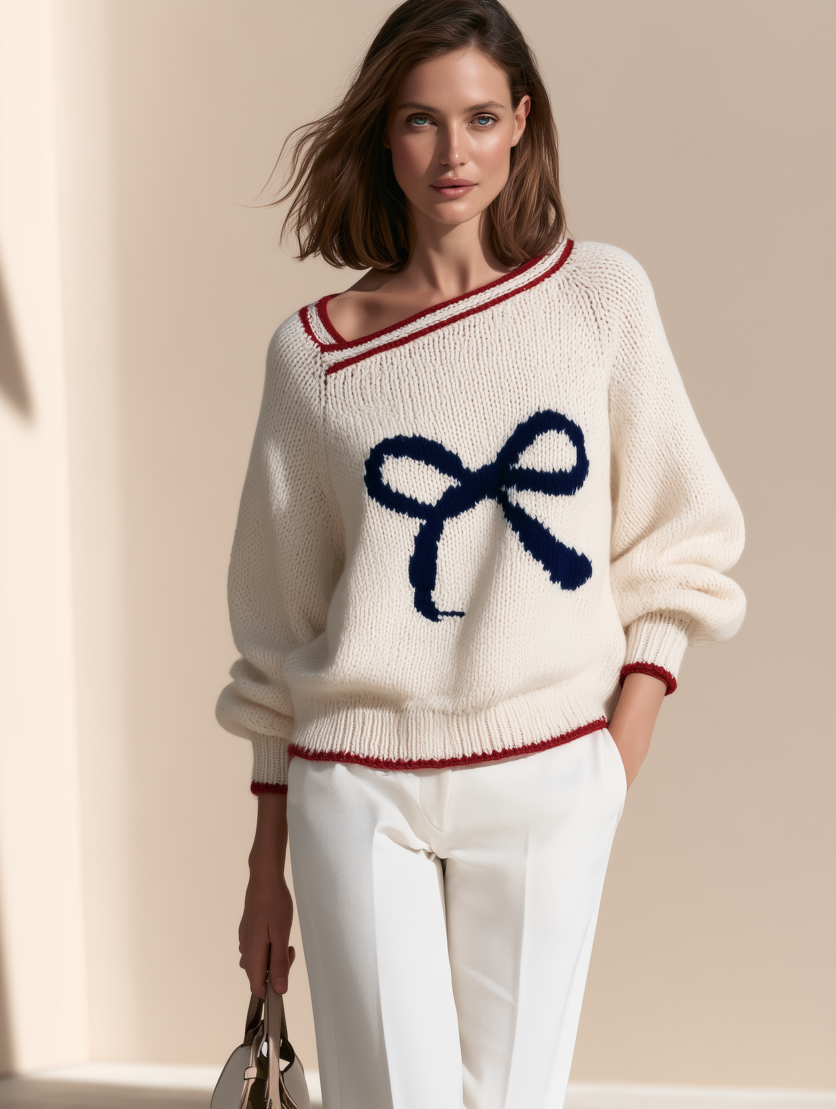 Women's Chunky Knit V-Neck Sweater with Bow Intarsia and Contrast Trim