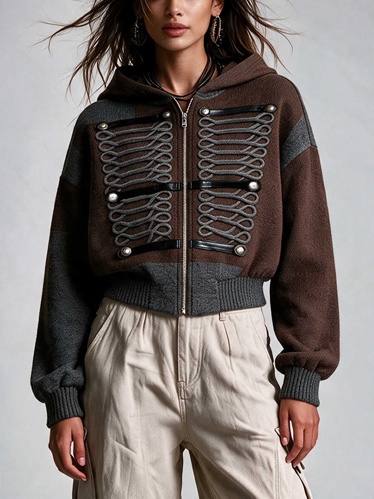 Women's Color Block Hooded Knit Zip Jacket With Braided Decor